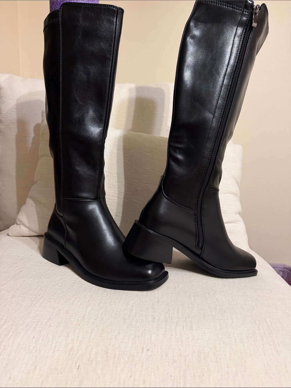 Women's Over-the-Knee Black Faux Leather Boots with Block Heel